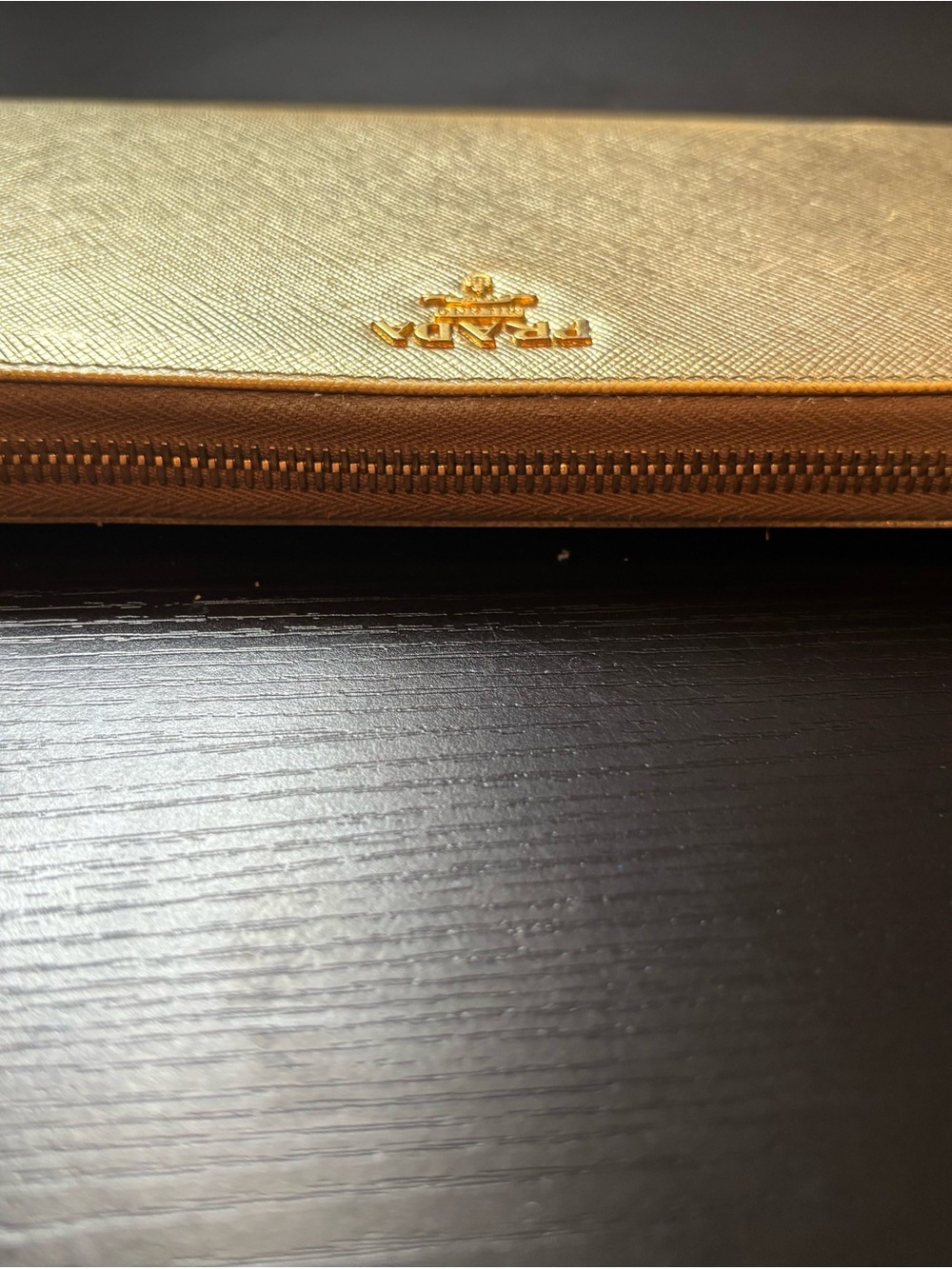 PRISTINE Prada Saffiano Leather Long Zip-Around Wallet – Metallic Gold (Platino) - Picture 6 of 11